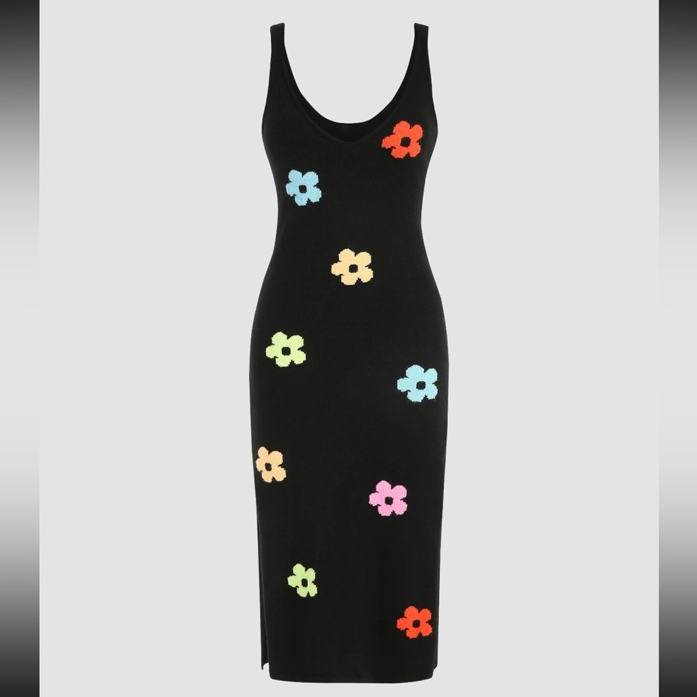 Brand New Cider Knit Floral Midi Dress - Black, Size Large
